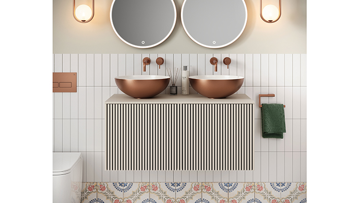 Crosswater’s Limit 1200mm wall-hung double-drawer vanity unit has slatted fronts in a warm stone finish with a handleless design, and 2 fully extendable drawers in each unit with a soft-closing action