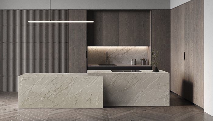 This Cristallo Perla design from CRL Stone joins the popular marble-effect Cristallo collection. A classic take on industrial-luxe design, replicating the exquisite beauty of marble. Scratch, heat and stain resistant and comes in a super jumbo 2010 x 3470mm slab measuring 20mm or 30mm thick