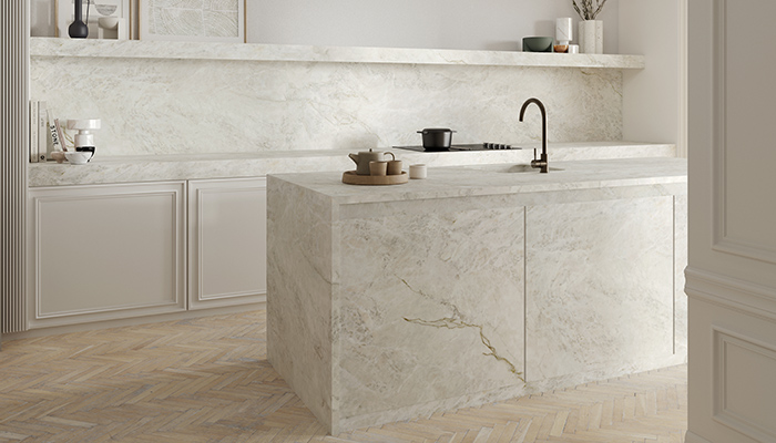 Everest Sunrise by Neolith combines an earthy colour palette and organic design to help create a neutral, but warm space