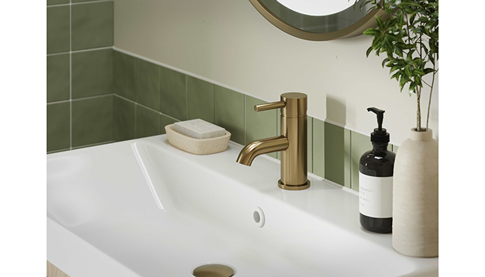 Pescara from PJH’s Bathrooms to Love brand comes in a variety of on-trend metallic finishes, including Brushed Brass, pictured, which can be matched with co-ordinating click-clack basin wastes for a seamless look 