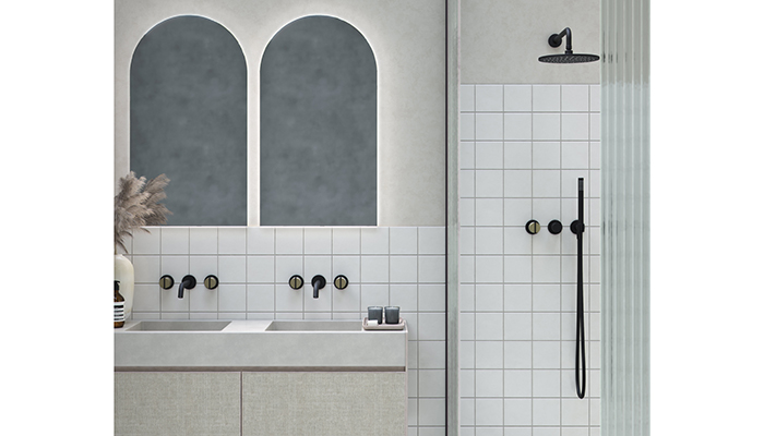 Varied Forms says that its modular components can be mixed together to create unique brassware solutions. The wall-mounted 3 hole set with long spout, pictured, combines Warm Brass and Soft Black finishes and is complemented by co-ordinating Joystick Mixer Set with 2 way diverter and hand shower and overhead showerhead