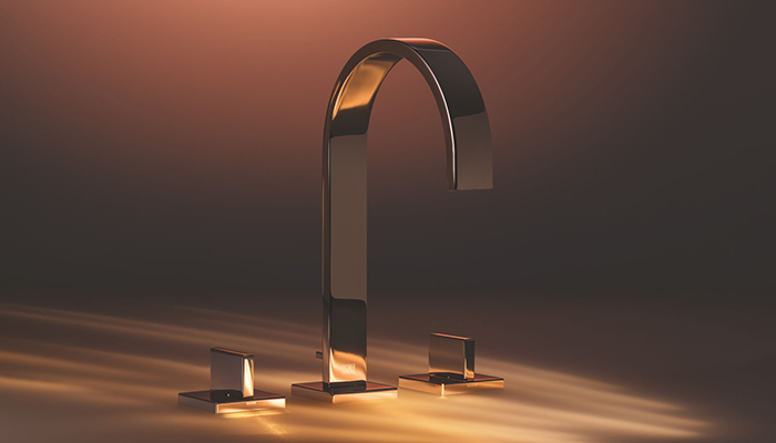 Dornbracht's MEM collection comes in 8 finishes – pictured here is Champagne. In addition to the puristic, reduced design and its unique water presentation, the company says MEM also offers options for more design freedom in the bathroom