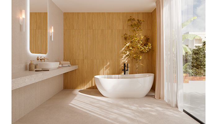 Bloom Honey Decor, Piemonte Sand and Piemonte Sand Decor Tiles by Museum Surfaces