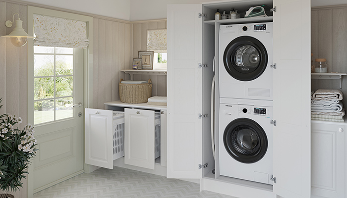 Crown Imperial’s versatile laundry storage solution is shown here styled in the Ashton furniture range. Organised hidden storage is one of the ‘must haves’ for homeowners, helping them conceal laundry appliances and providing smart solutions to store larger items such as ironing boards, mops and washing accessories
