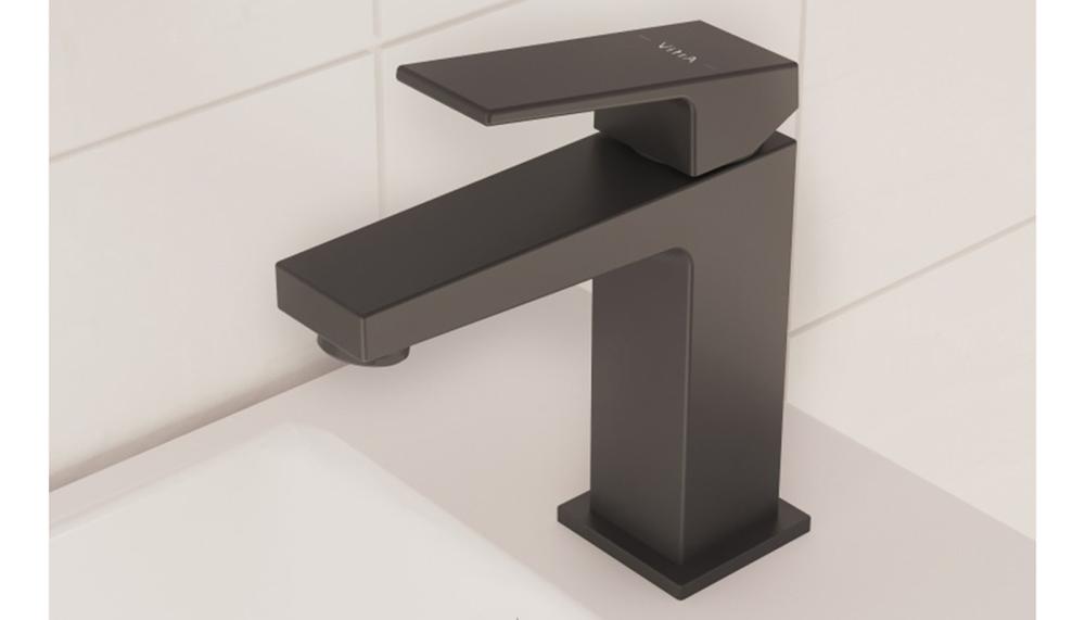 VitrA Minimax taps pictured in the architectural , slim square shape in Matt Black