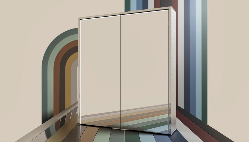 The new LED illuminated Odelle Coloris cabinet features customisable magnetic trims in 14 finishes, including Chrome, shown here