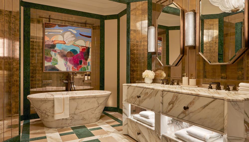 WOWhouse 2025 Samual Heath bathroom featuring a Lapicida stone bath