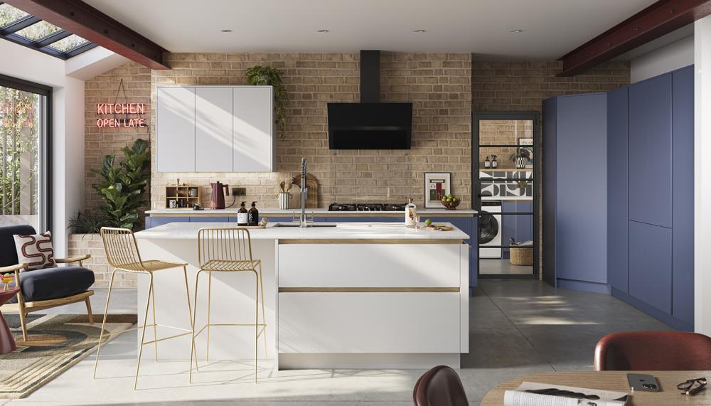 H-Line Amalfi Windsor Blue with Scots Grey and Portland Oak handle rail from Masterclass Kitchens