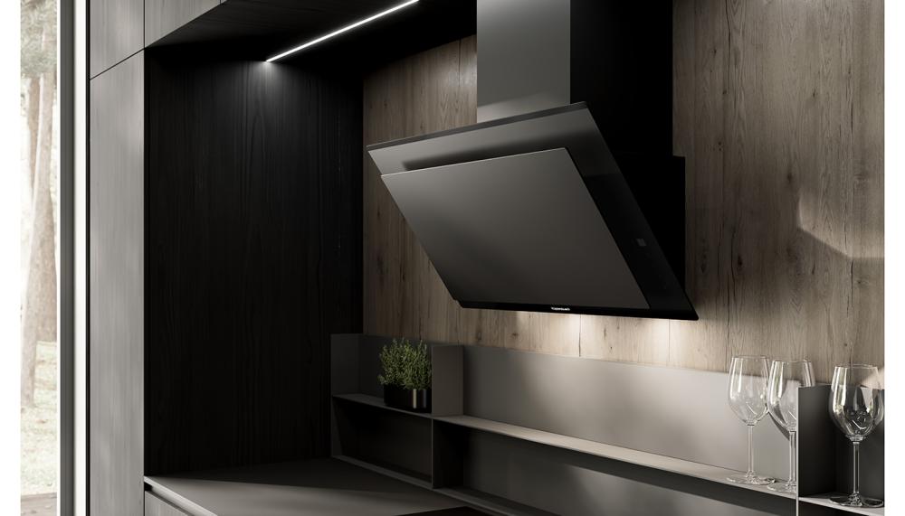 The K-Series.5 DW 8550.0 cooker hood from Küppersbusch boasts a sleek, all-black chimney style featuring LED lighting, sensor controls and the latest rim suction technology. It pairs perfectly with complementary appliances in the award winning Matt Black collection, such as the induction hob and steam oven