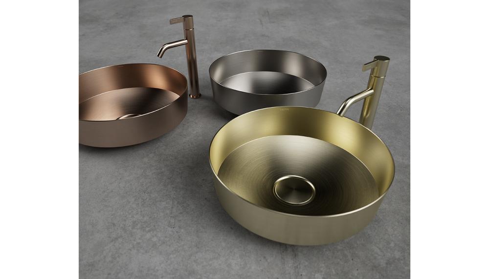 Vitreon Rivo steel basins with PVD brushed metallic finishes, Laufen