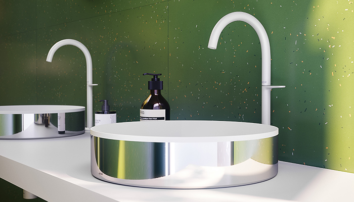 Hansgrohe was displaying its AXOR One taps in an elegant new Matt White finish, shown here alongside the brand's new AXOR Starck Basins, which are set to be launched in the UK in October