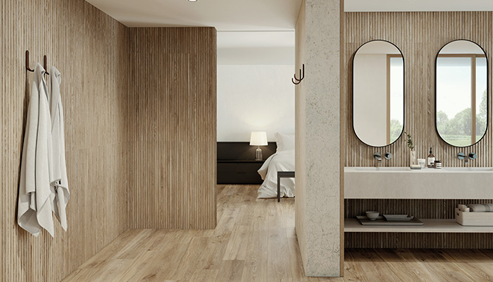 Peronda has created its Verbier Wall tiles to match the Verbier floor tile collection. Available in a 33x100 format, the tiles emulate thin oak wood slats whose zigzagging surface casts small shadows that lend each one rhythm and depth