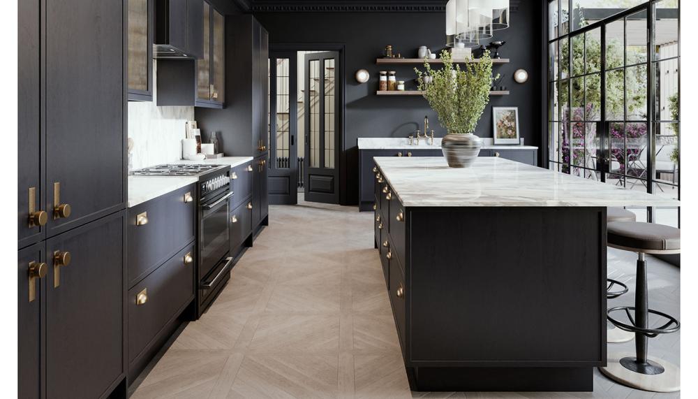 LochAnna Kitchens' Valina range in Midnight with island and bench seating