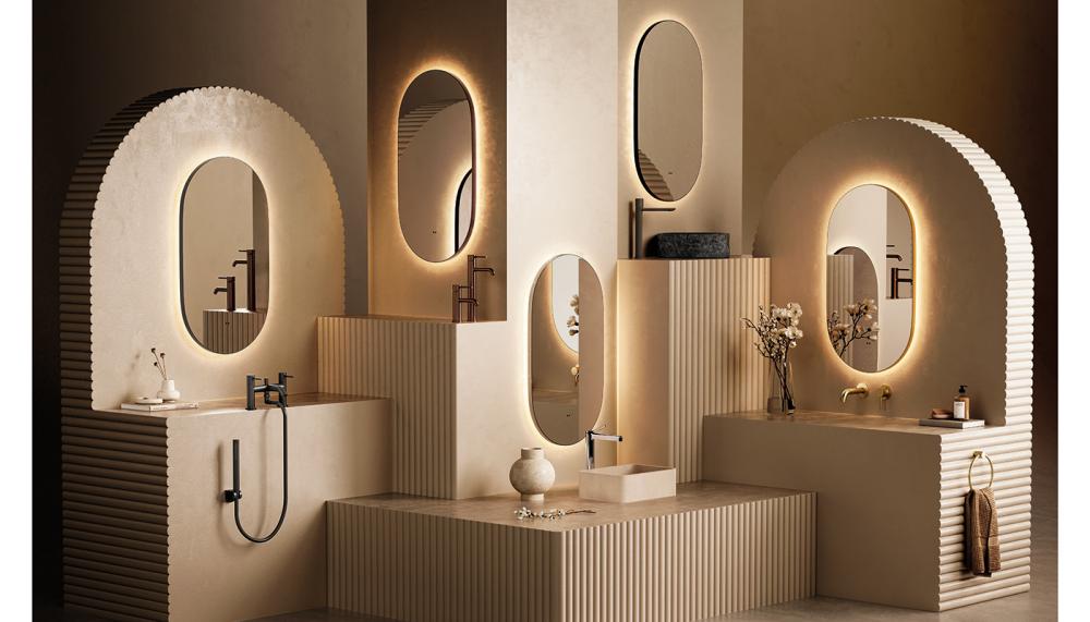 The Arcane pill-shaped mirror has an illuminated frame, available in a choice of finishes