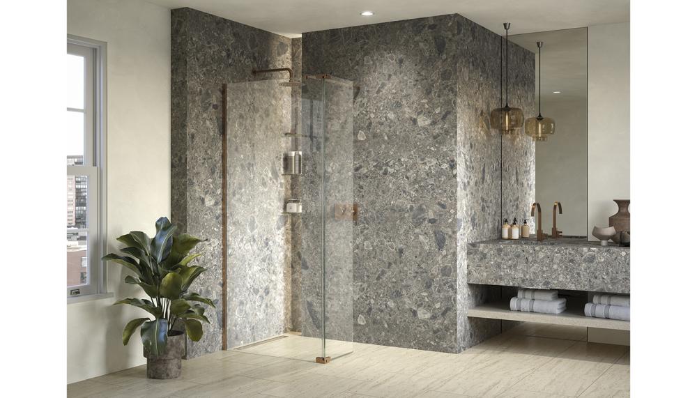 AYO 10mm glass wetroom with a hinged rotating panel in Country Bronze from the Harmony Collections