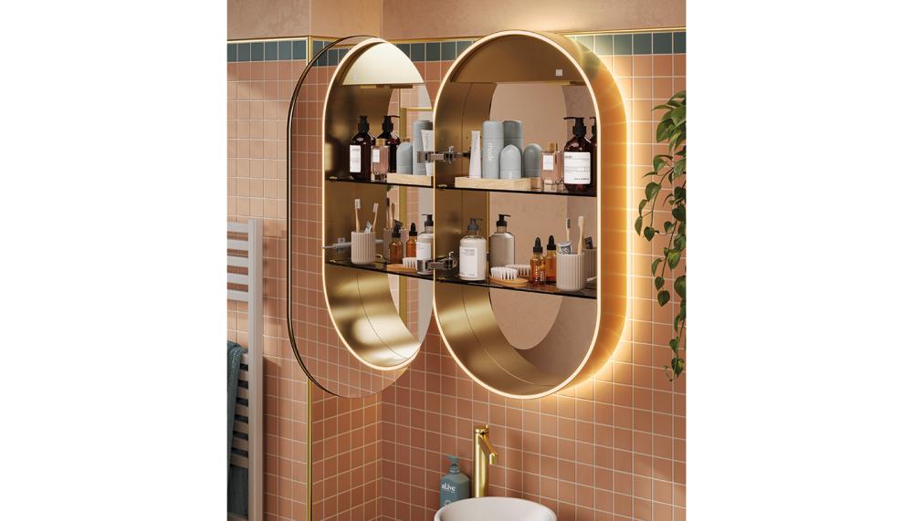 The new Romana pill-shaped mirror in Brass with colour temperature changing LED illumination