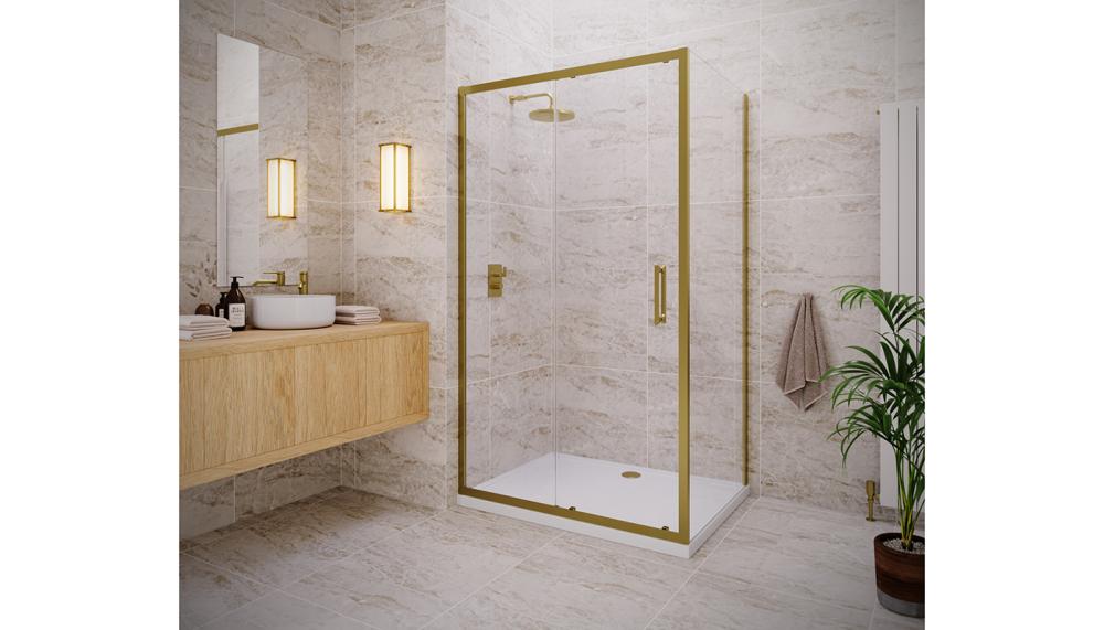 Flair Showers' Verve PRO 8 sliding door with frameless side panel in Brushed Brass