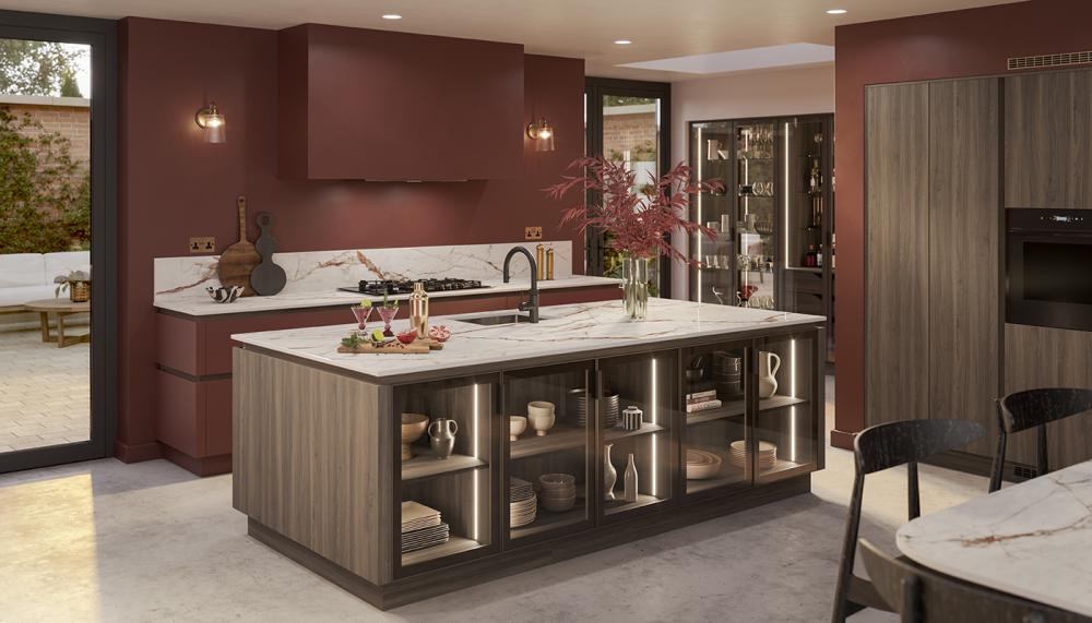 H Line Amalfi Rosso and Madoc Tuscan Walnut with Bronze Smoked Glass doors